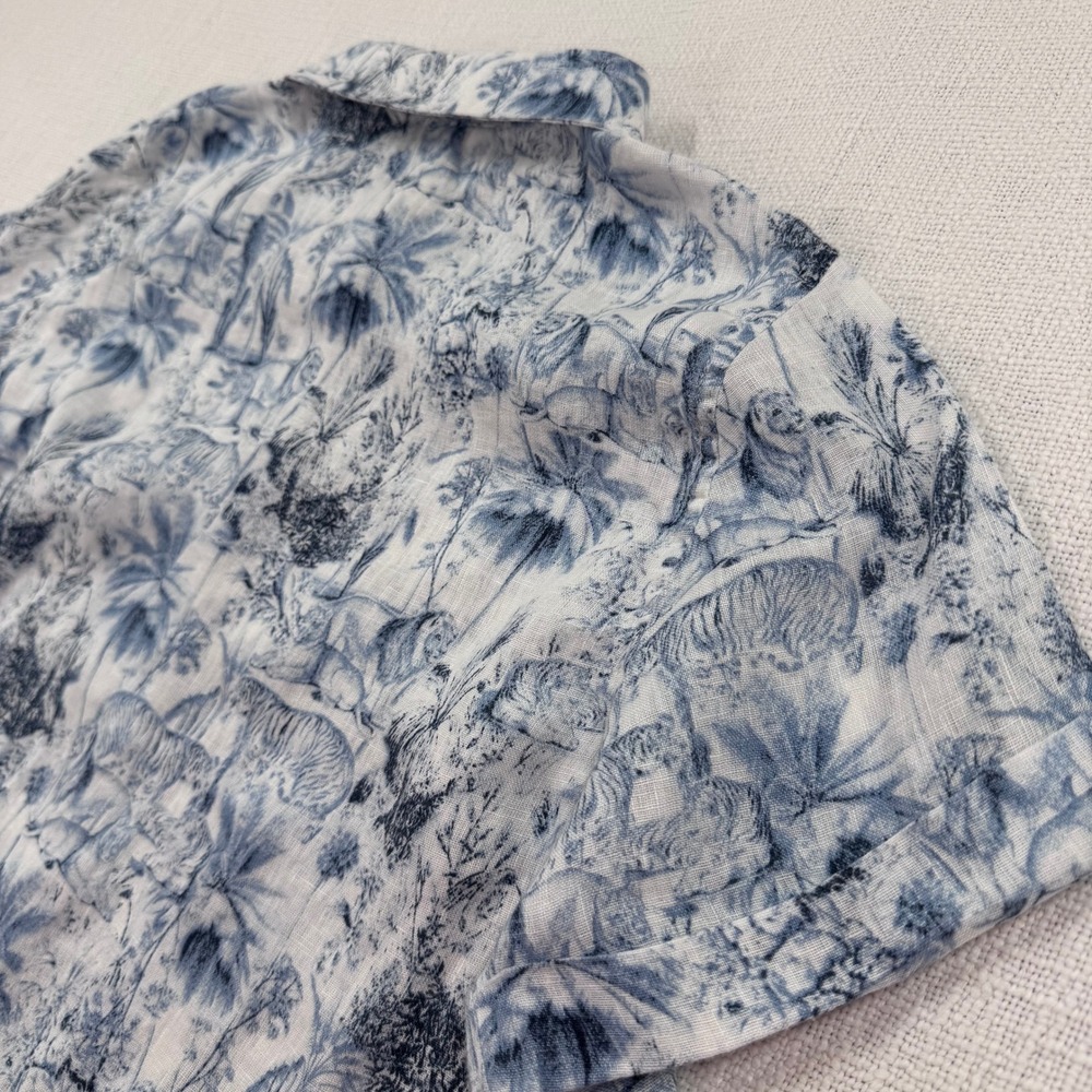 Rachel Zoe 100% Linen Blue White Toile Jungle Print Button Down Women's Large - Picture 8 of 9